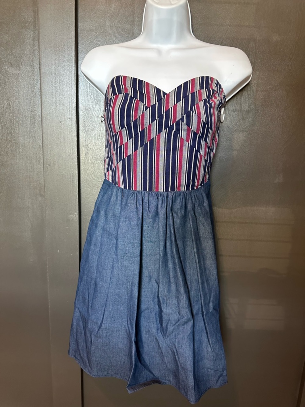 Hive & Honey Navy, Pink & Chambray Strapless Dress